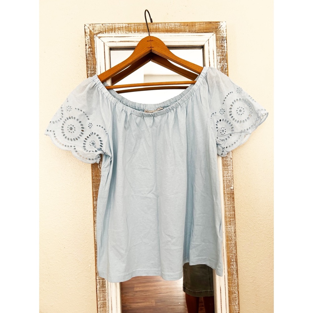 Blue Embellished Short Sleeve Blouse Relaxed Fit Small